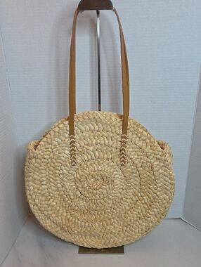 Woven Round Straw Tote Bag with Tan Straps